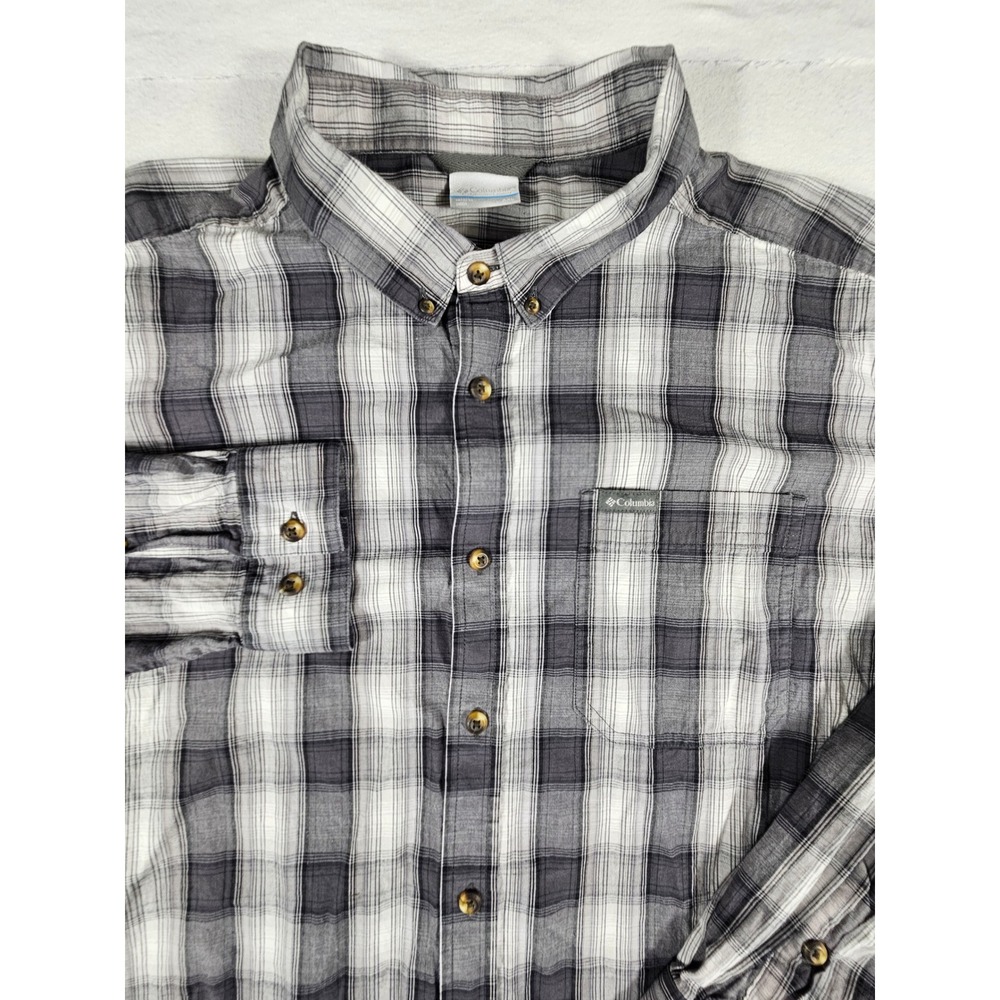 Columbia Mens XXL Gray White Plaid Long Sleeve Button Down Shirt AM7968 Cotton